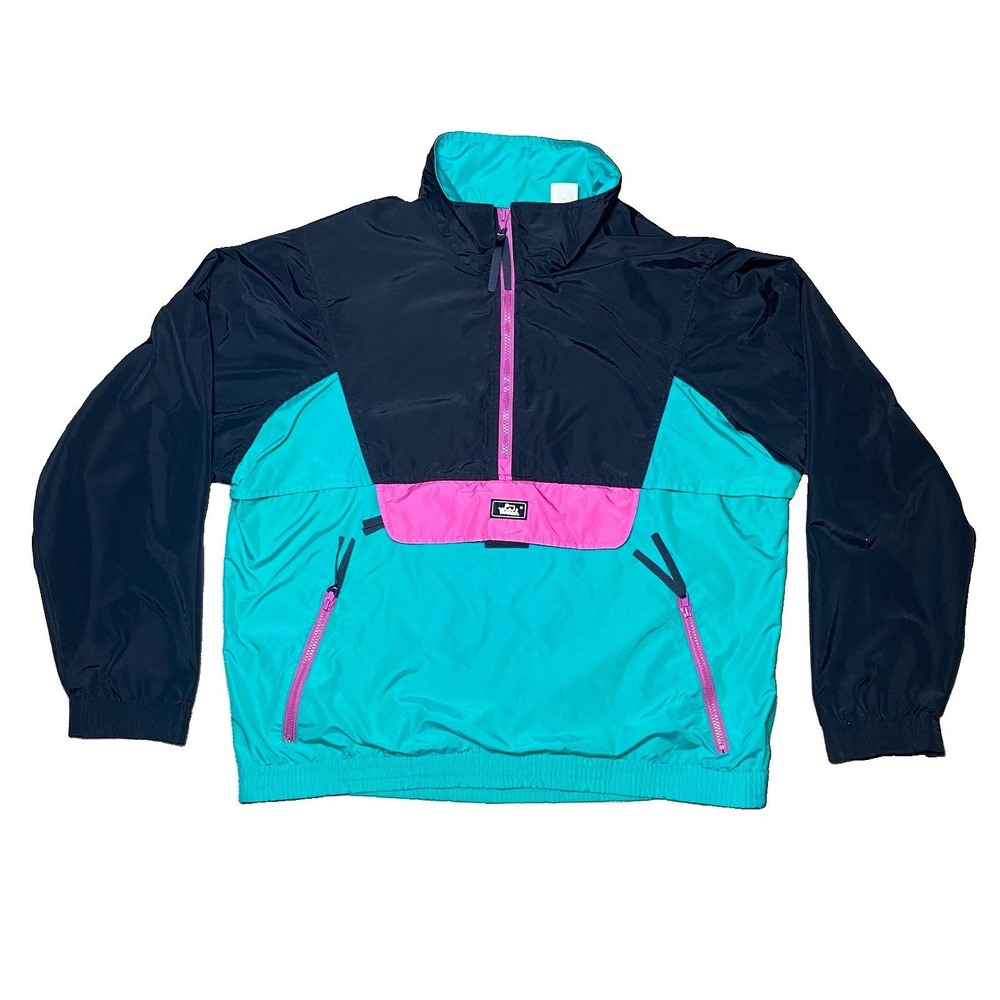 Men LARGE Vintage 90's Woolrich Anorak Windbreaker Jacket Colorblock Pink Green